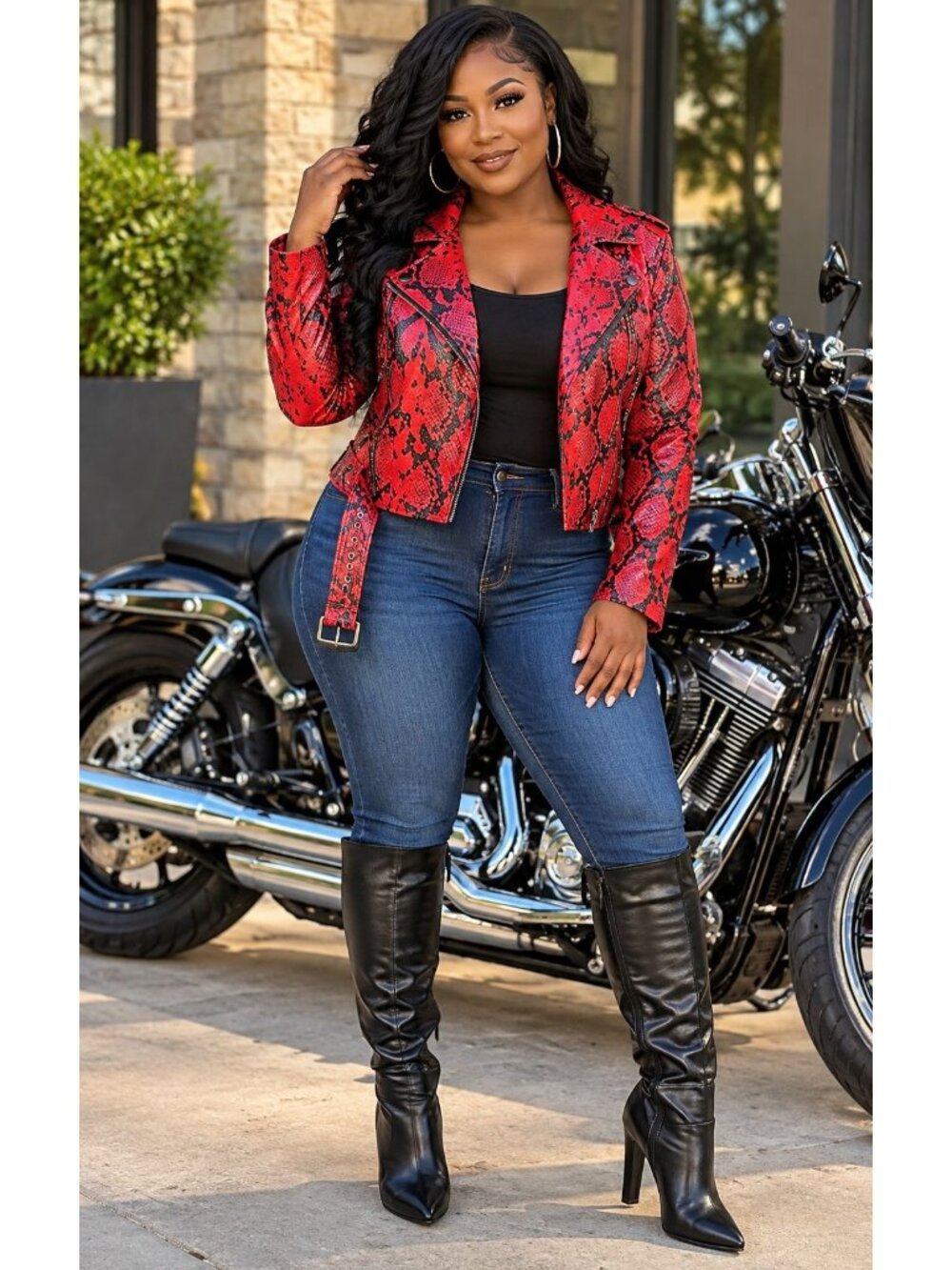 Ashley By 26 International Red & Black Faux Snakeskin Moto Jacket Zip Closure Wo